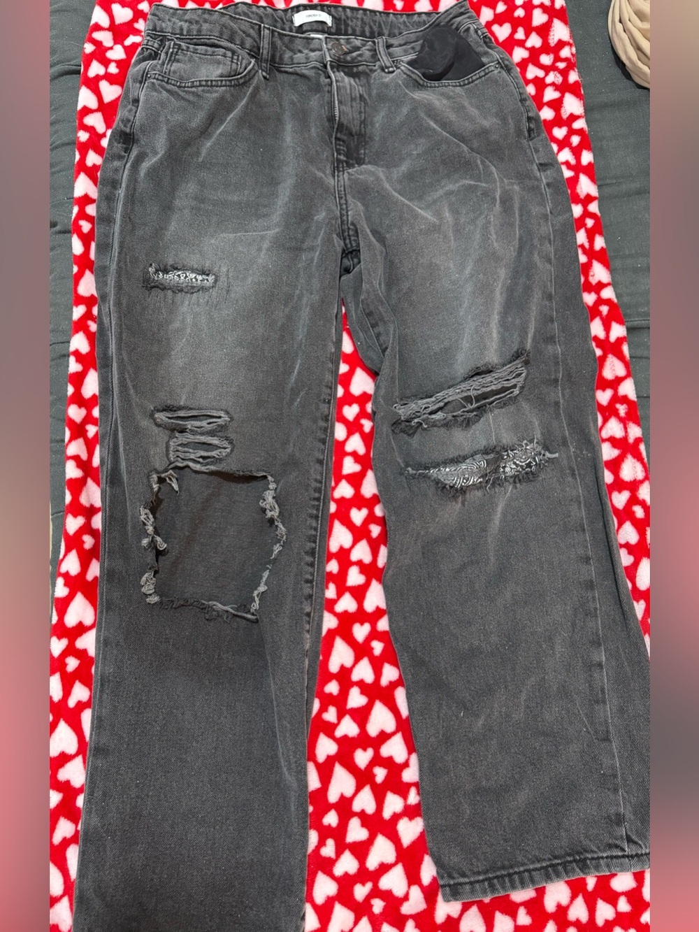 Forever 21 Washed Black Distressed Straight Leg Jeans